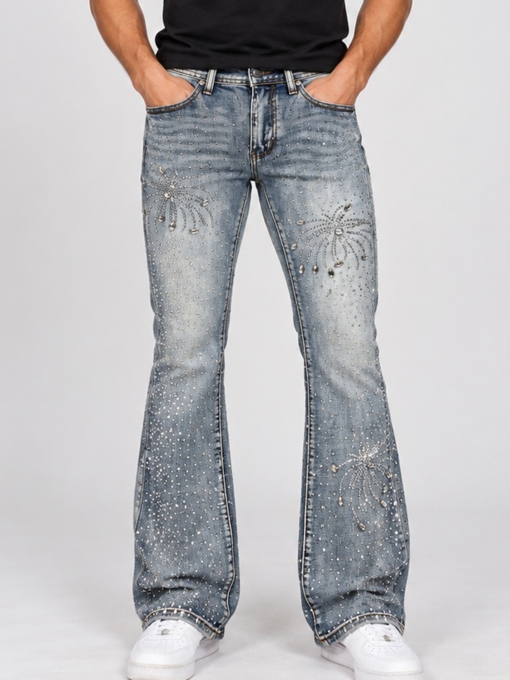 Kindred Men’s all over Rhinestone Flare Jeans Blue Embellished Y2K Western 30x36